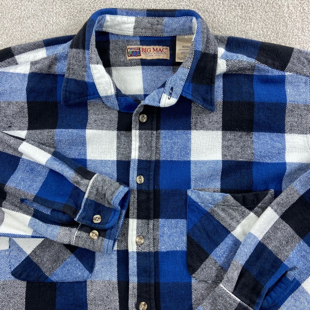 Vintage Big Mac Flannel Shirt Mens XLT Blue Black Plaid Workwear Thick Cotton